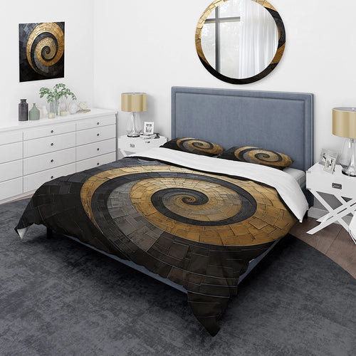 Gold Black Minimalism Spiral Poteries - Duvet Cover Set