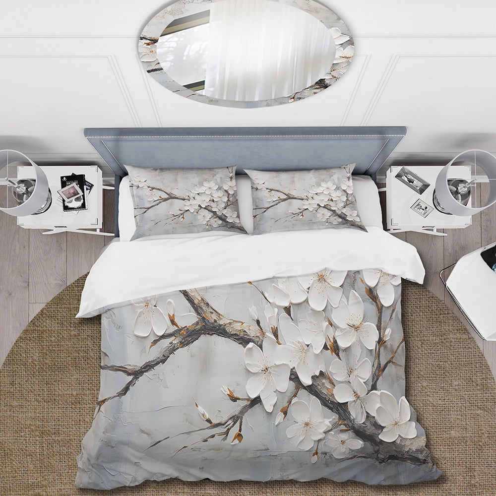 Minimalism White And Grey Cherry Blossom - Duvet Cover Set