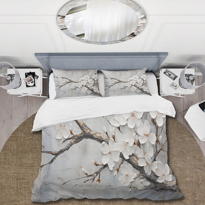 Minimalism White And Grey Cherry Blossom - Duvet Cover Set