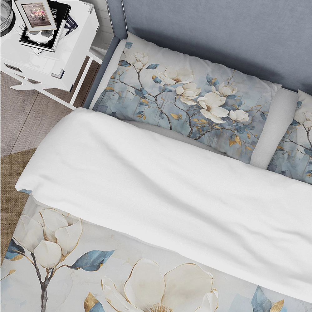 Elegant White And Blue Magnolias Tranquility - Duvet Cover Set