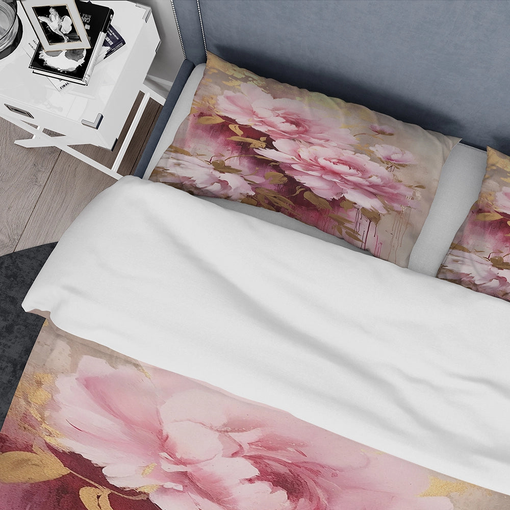 Pink And Gold Peonies In Radiance - Duvet Cover Set