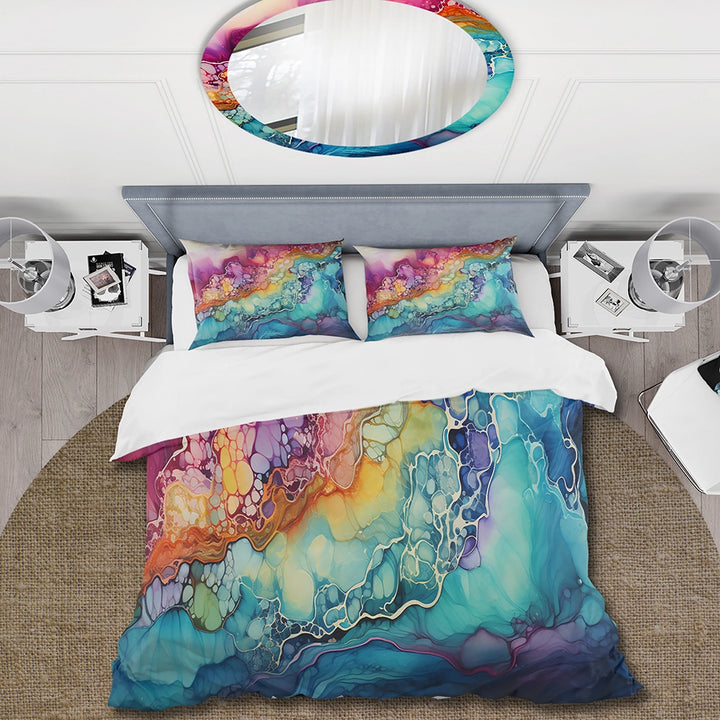 Rainbow Teal And Purple Alchohol Ink I - Duvet Cover Set