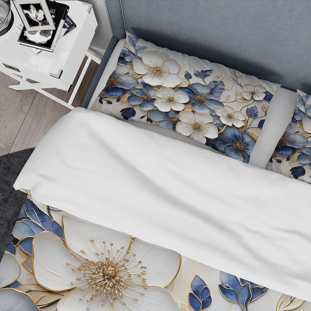 Blue And Gold Minimalism Violets - Duvet Cover Set