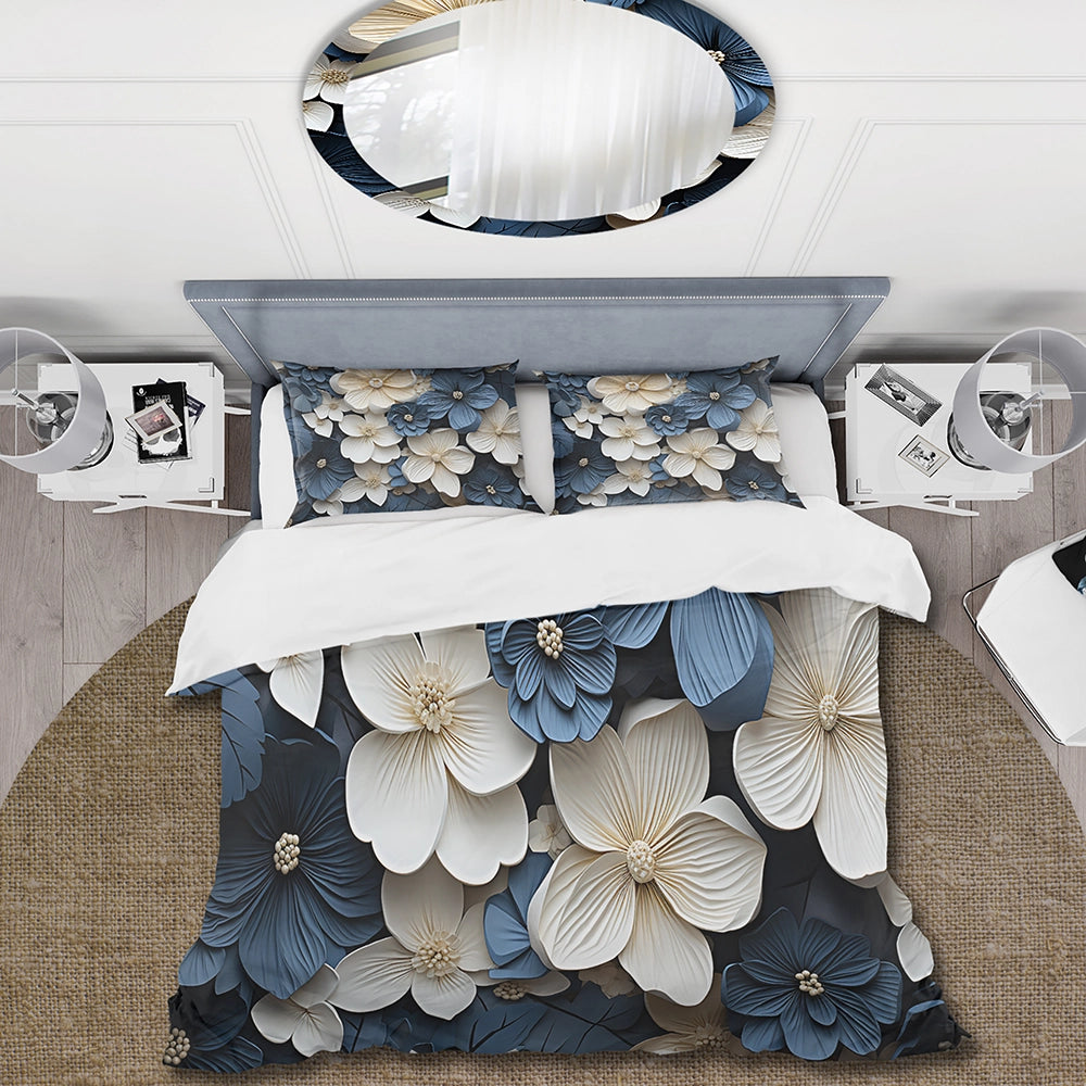 Blue And White Adorned Violets - Duvet Cover Set