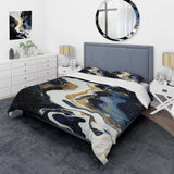 Gold and blue Abstract liquid ink serenade of swirls IV - Duvet Cover Set