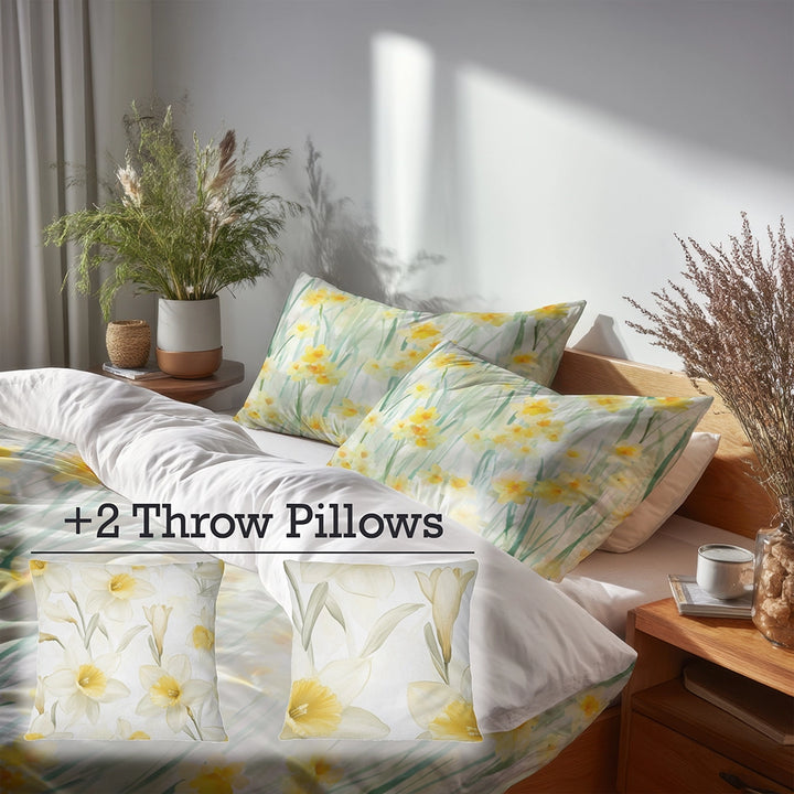 Floral Bedding Set 5 Pcs - Soft Daffodil Meadow Duvet Cover And Throw Pillow Set