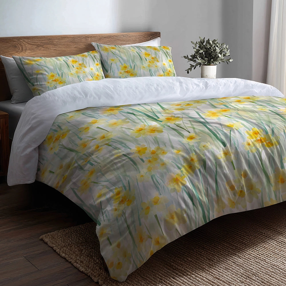 Floral Bedding Set 5 Pcs - Soft Daffodil Meadow Duvet Cover And Throw Pillow Set