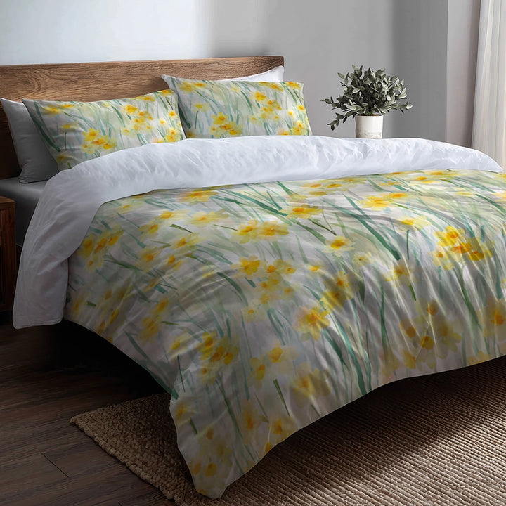 Floral Bedding Set 5 Pcs - Soft Daffodil Meadow Duvet Cover And Throw Pillow Set
