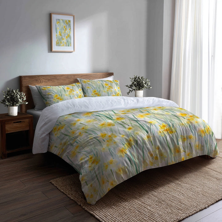 Floral Bedding Set 5 Pcs - Soft Daffodil Meadow Duvet Cover And Throw Pillow Set