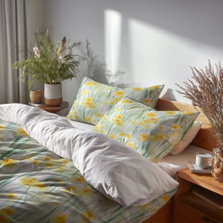 Floral Bedding Set 5 Pcs - Soft Daffodil Meadow Duvet Cover And Throw Pillow Set