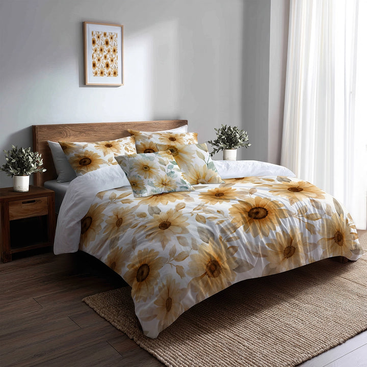 Floral 5 Pcs Bedding Set - Soft Sunflower Glow Duvet Cover And Pillow Set