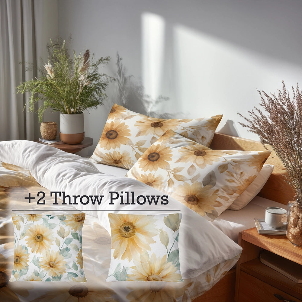 Floral 5 Pcs Bedding Set - Soft Sunflower Glow Duvet Cover And Pillow Set