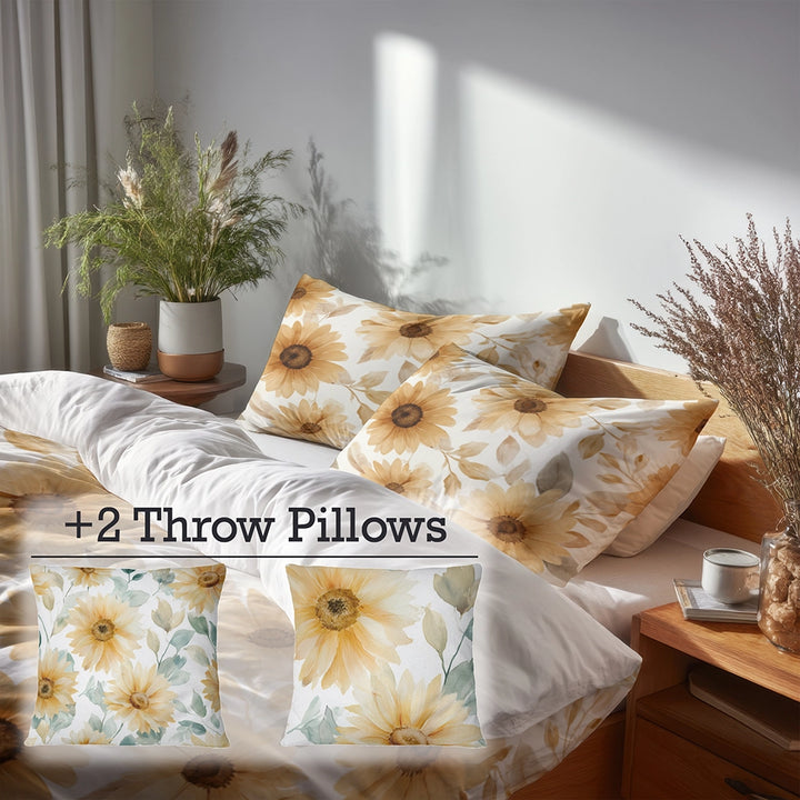 Floral 5 Pcs Bedding Set - Soft Sunflower Glow Duvet Cover And Pillow Set