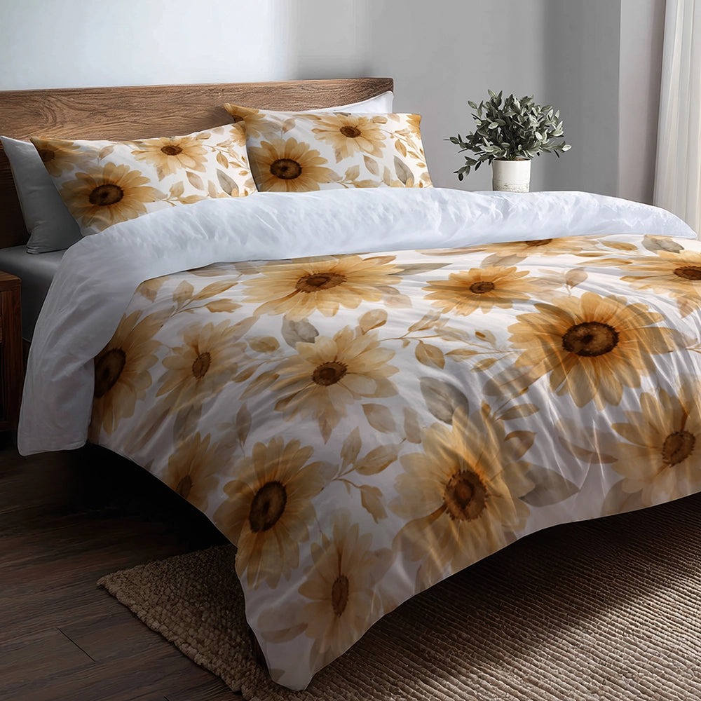 Floral 5 Pcs Bedding Set - Soft Sunflower Glow Duvet Cover And Pillow Set