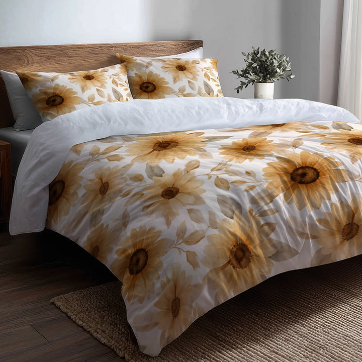 Floral 5 Pcs Bedding Set - Soft Sunflower Glow Duvet Cover And Pillow Set