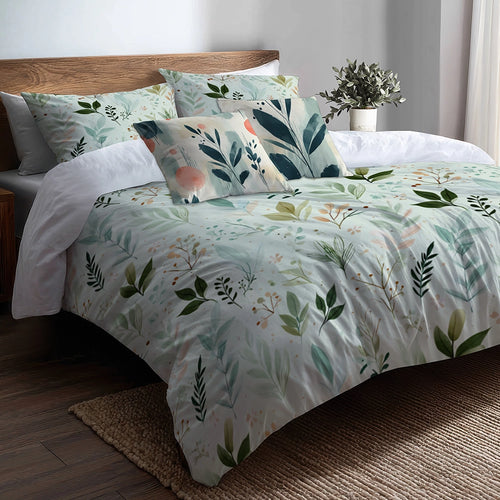 Floral Duvet Cover Set of 5 - Calm Botanical Garden Bedding And Throw Pillow Set