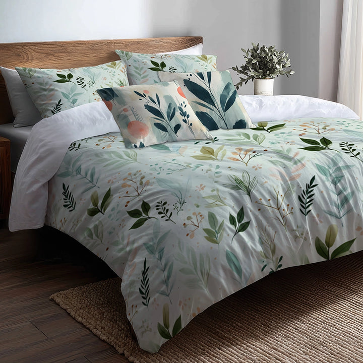 Floral Duvet Cover Set of 5 - Calm Botanical Garden Bedding And Throw Pillow Set