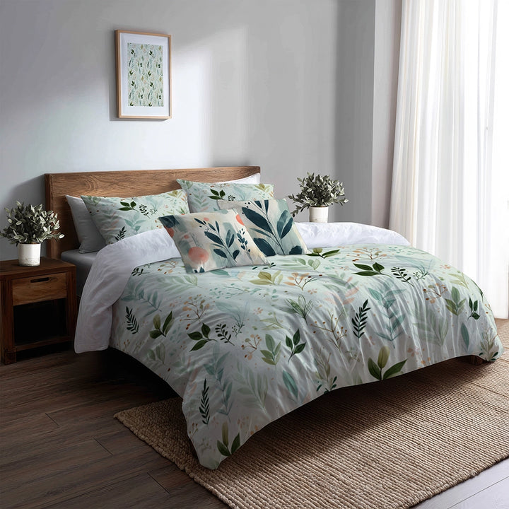 Floral Duvet Cover Set of 5 - Calm Botanical Garden Bedding And Throw Pillow Set
