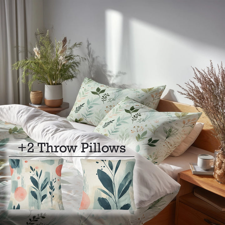 Floral Duvet Cover Set of 5 - Calm Botanical Garden Bedding And Throw Pillow Set