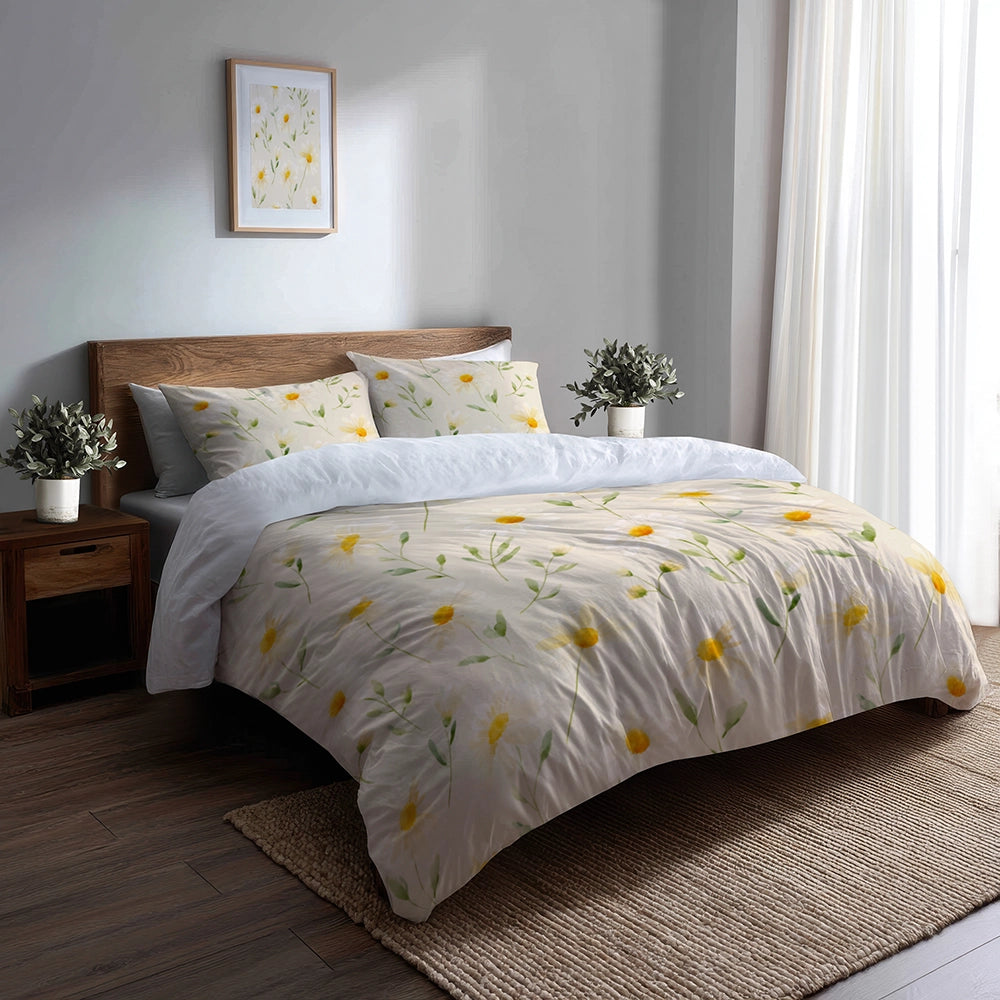 Country / Farmhouse Bedding Set of 5 - Soft Daisy Sunshine Duvet Cover And Throw Cushion Set