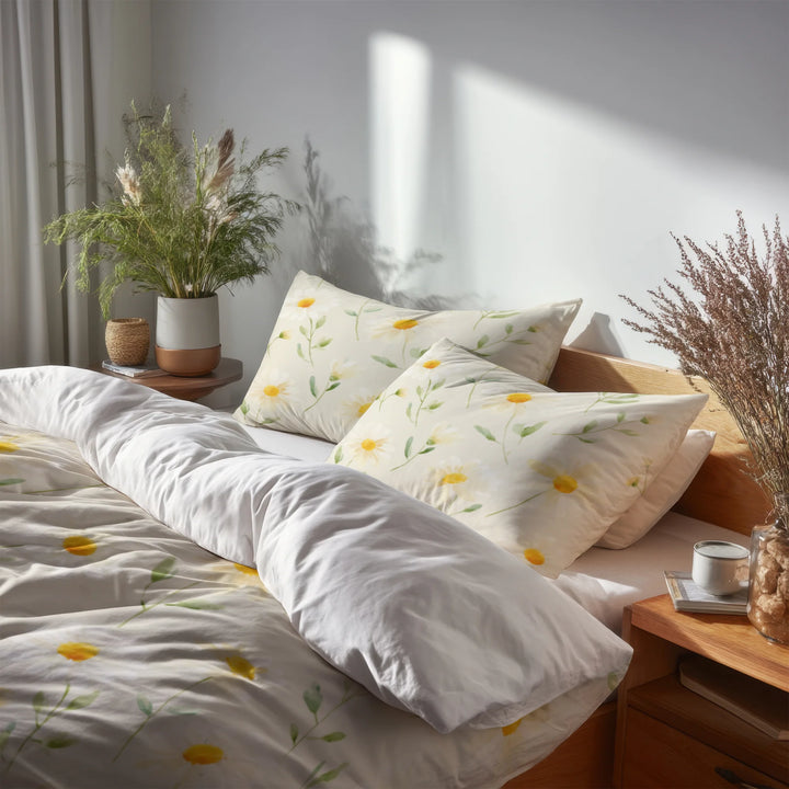 Country / Farmhouse Bedding Set of 5 - Soft Daisy Sunshine Duvet Cover And Throw Cushion Set