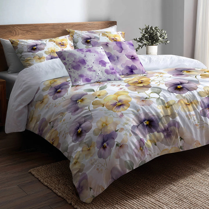 Floral 5 Pcs Bedding Set - Pastel Pansy Harmony Duvet Cover And Pillow Set