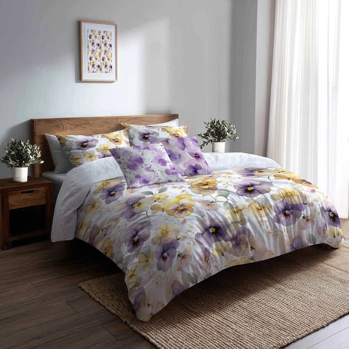 Floral 5 Pcs Bedding Set - Pastel Pansy Harmony Duvet Cover And Pillow Set