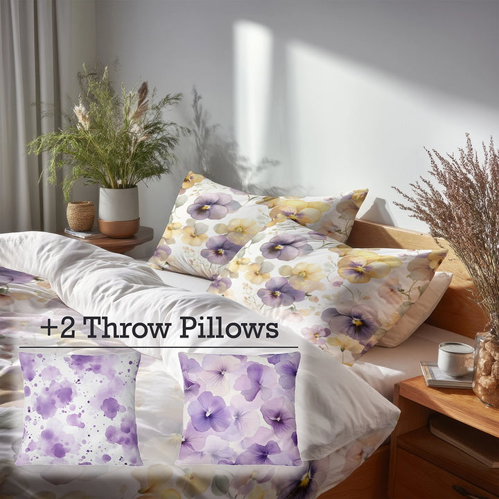 Floral 5 Pcs Bedding Set - Pastel Pansy Harmony Duvet Cover And Pillow Set