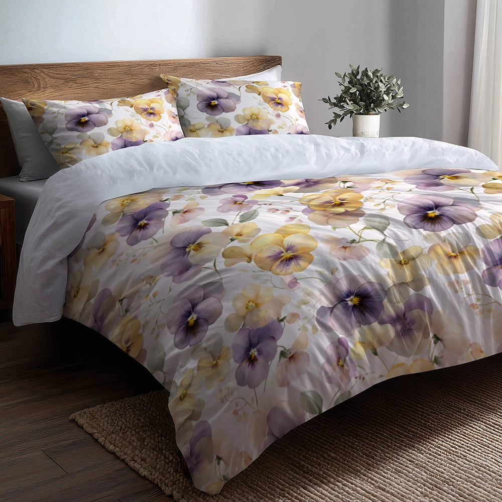 Floral 5 Pcs Bedding Set - Pastel Pansy Harmony Duvet Cover And Pillow Set