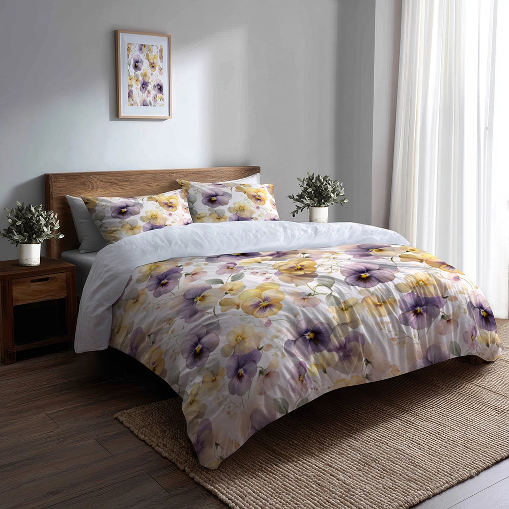 Floral 5 Pcs Bedding Set - Pastel Pansy Harmony Duvet Cover And Pillow Set
