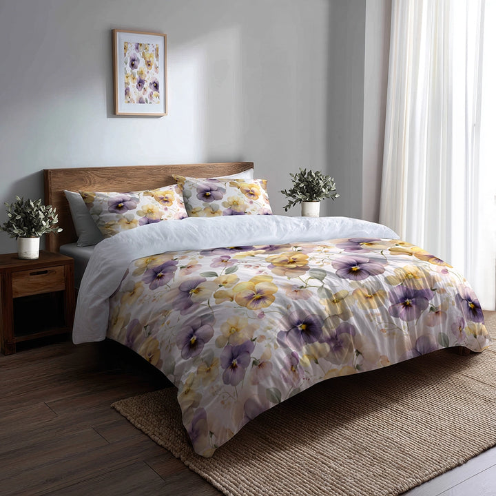 Floral 5 Pcs Bedding Set - Pastel Pansy Harmony Duvet Cover And Pillow Set