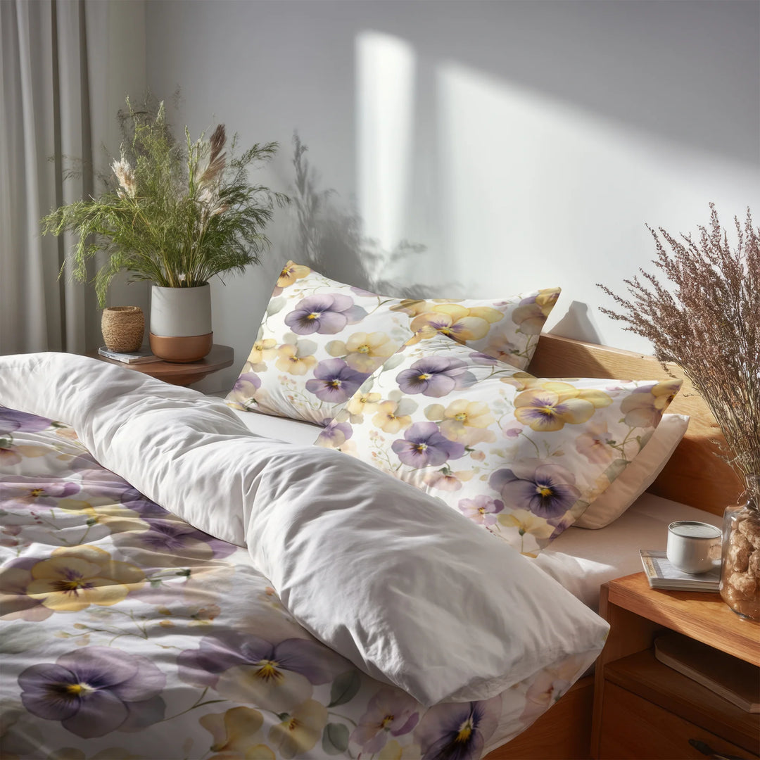 Floral 5 Pcs Bedding Set - Pastel Pansy Harmony Duvet Cover And Pillow Set