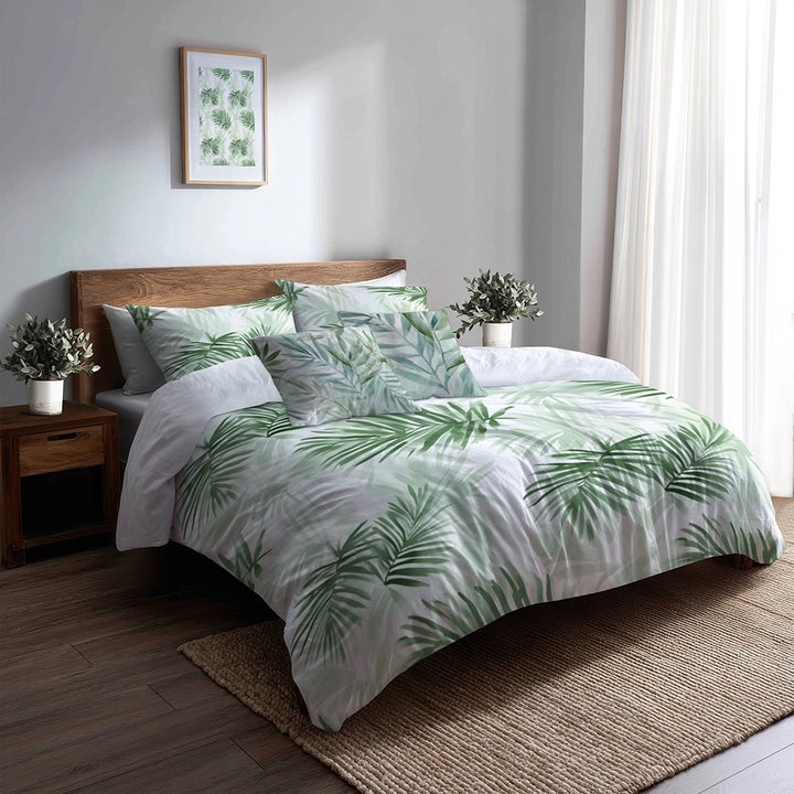 Floral Bedding Set 5 Pcs - Soft Palms Duvet Cover And Throw Pillow Set