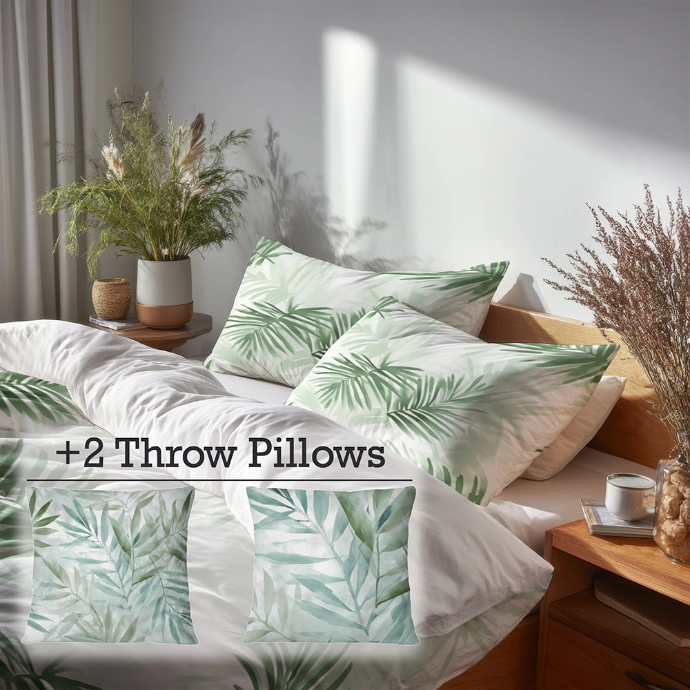 Floral Bedding Set 5 Pcs - Soft Palms Duvet Cover And Throw Pillow Set