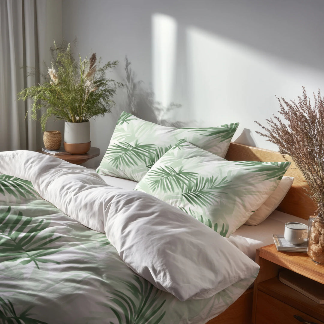 Floral Bedding Set 5 Pcs - Soft Palms Duvet Cover And Throw Pillow Set