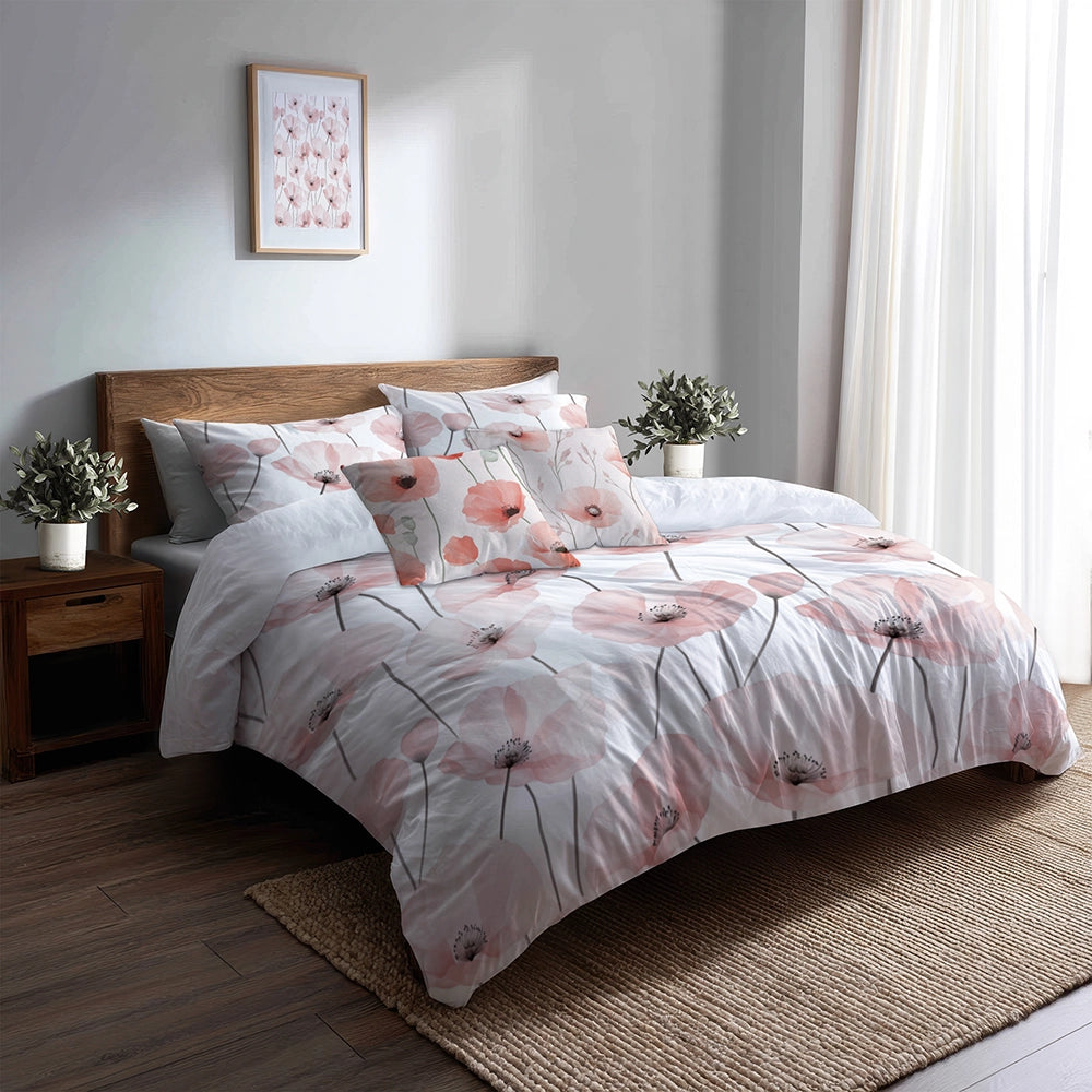 French Country Bedding Set of 5 - Blush Poppies Duvet Cover And Throw Pillow Set