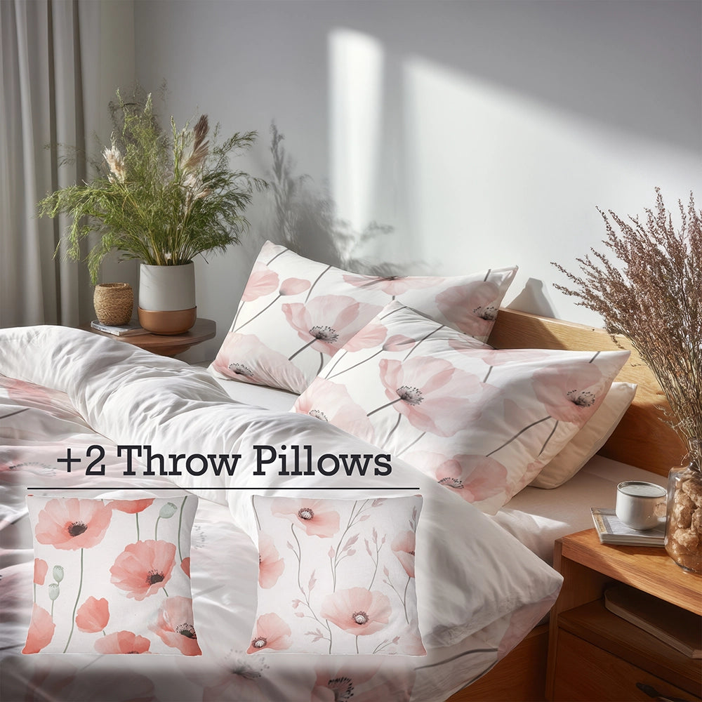French Country Bedding Set of 5 - Blush Poppies Duvet Cover And Throw Pillow Set