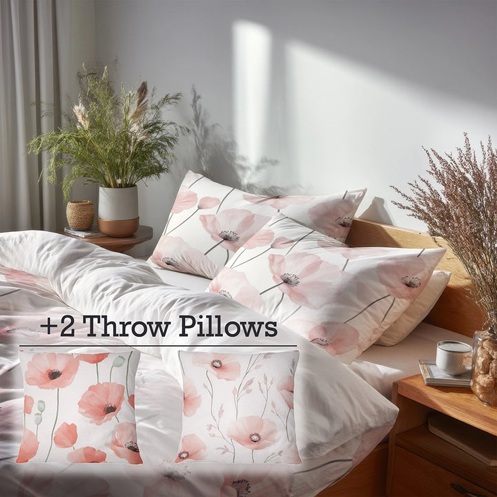 French Country Bedding Set of 5 - Blush Poppies Duvet Cover And Throw Pillow Set