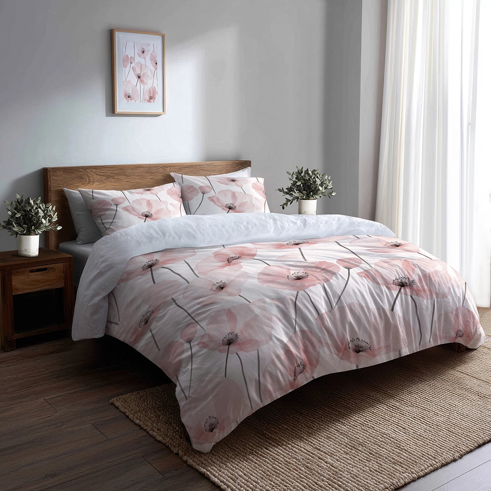 French Country Bedding Set of 5 - Blush Poppies Duvet Cover And Throw Pillow Set