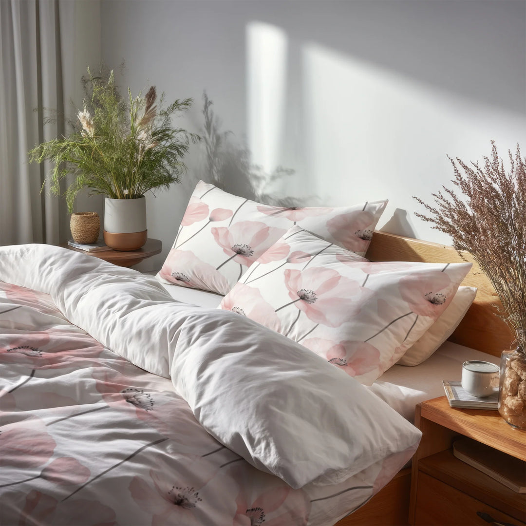 French Country Bedding Set of 5 - Blush Poppies Duvet Cover And Throw Pillow Set