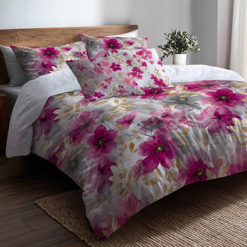 Floral Bedding Set 5 Pcs - Fuschia Whisper Duvet Cover And Throw Pillow Set