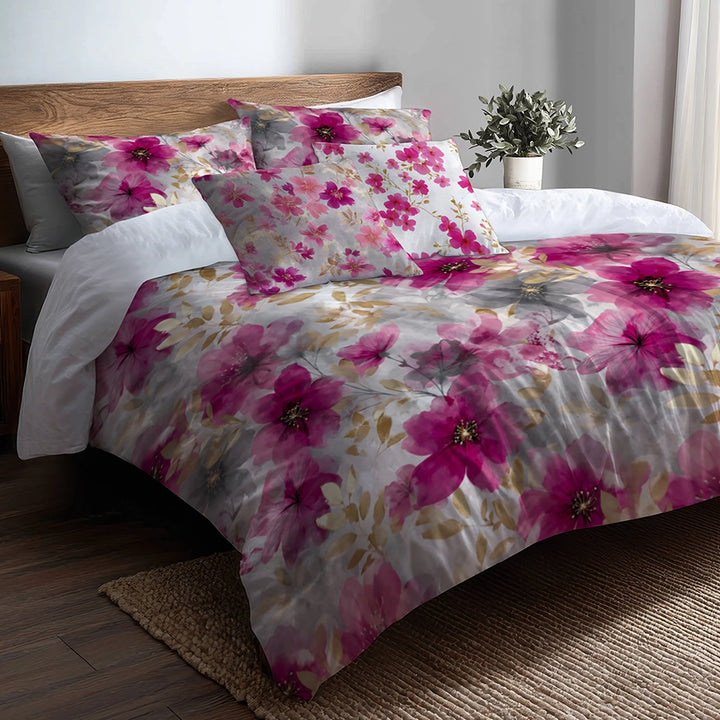 Floral Bedding Set 5 Pcs - Fuschia Whisper Duvet Cover And Throw Pillow Set