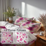 Floral Bedding Set 5 Pcs - Fuschia Whisper Duvet Cover And Throw Pillow Set