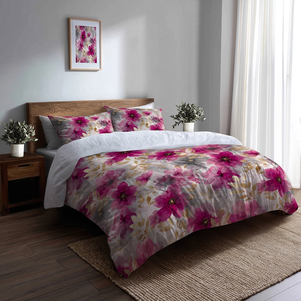 Floral Bedding Set 5 Pcs - Fuschia Whisper Duvet Cover And Throw Pillow Set