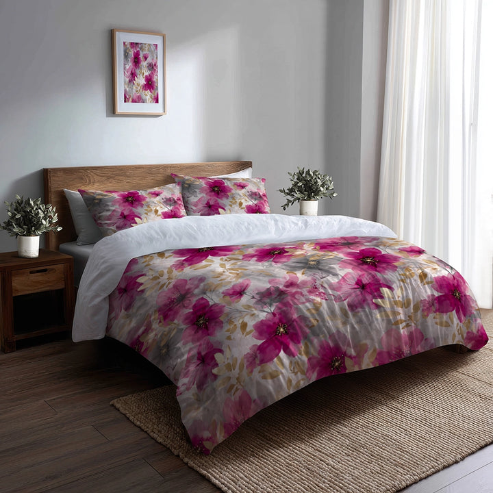 Floral Bedding Set 5 Pcs - Fuschia Whisper Duvet Cover And Throw Pillow Set