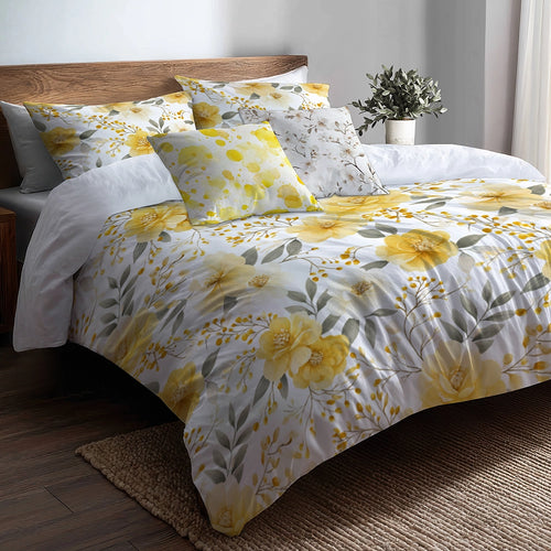 Floral 5 Pcs Bedding Set - Yellow Whisper Duvet Cover And Pillow Set