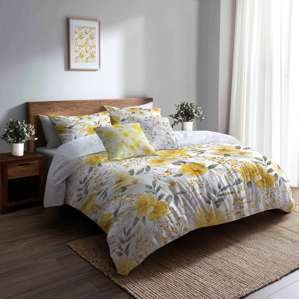 Floral 5 Pcs Bedding Set - Yellow Whisper Duvet Cover And Pillow Set