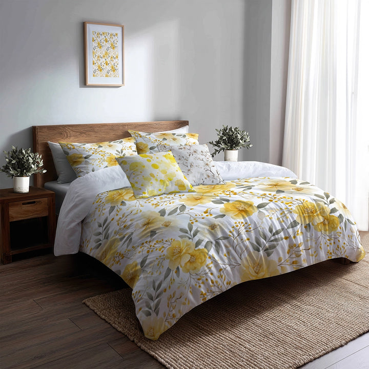 Floral 5 Pcs Bedding Set - Yellow Whisper Duvet Cover And Pillow Set