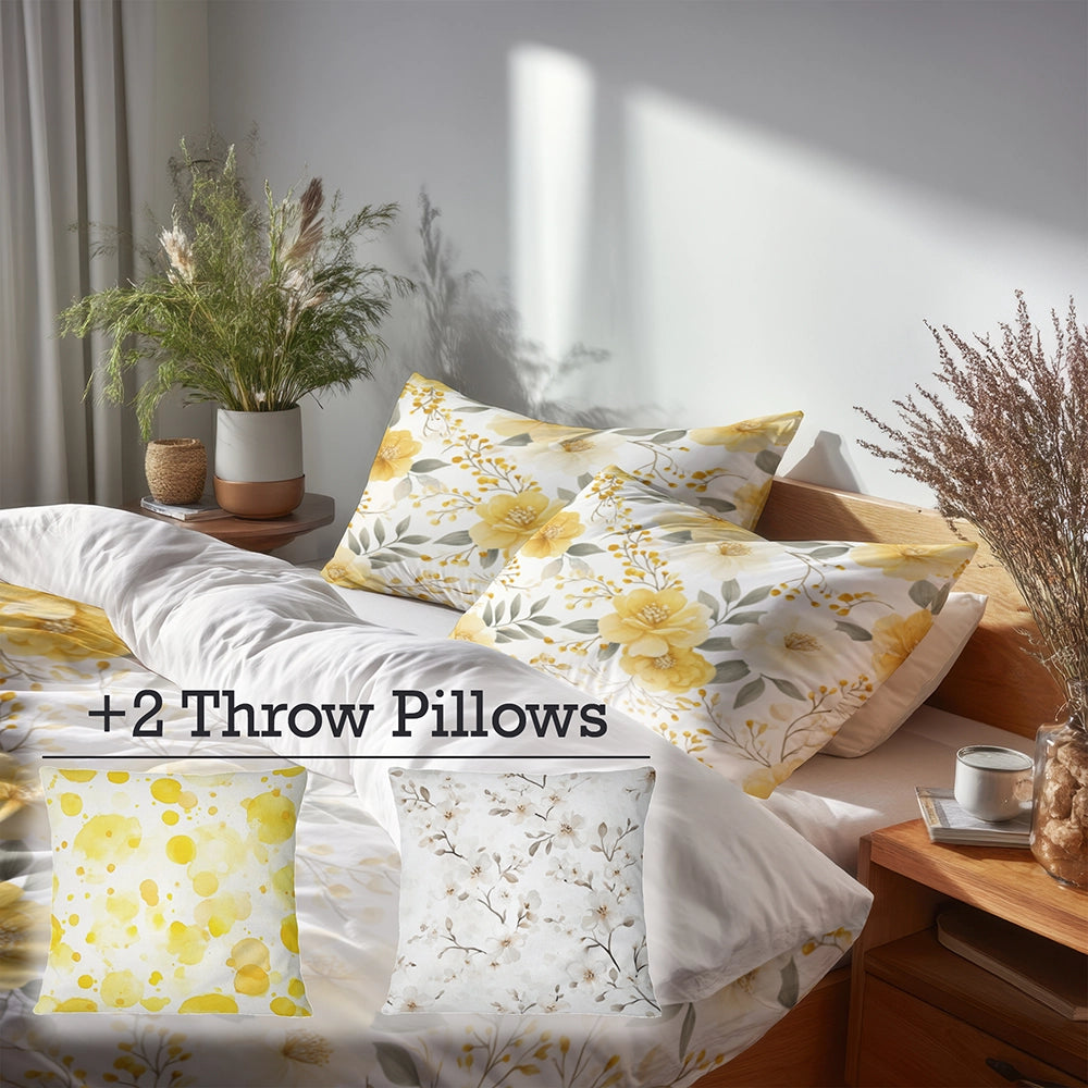 Floral 5 Pcs Bedding Set - Yellow Whisper Duvet Cover And Pillow Set