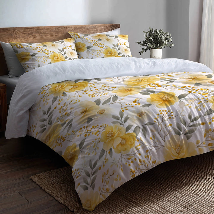 Floral 5 Pcs Bedding Set - Yellow Whisper Duvet Cover And Pillow Set